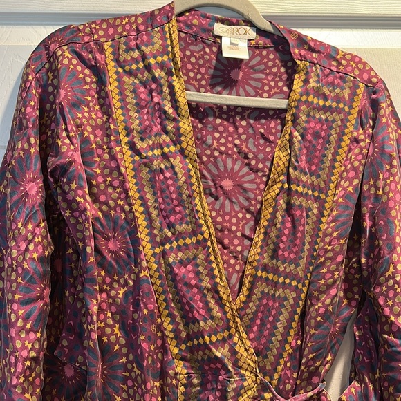 LaRok 100% Silk Purple Bohemian Printed Wrap Kimono Mini Dress XS/S Festival - Picture 3 of 6